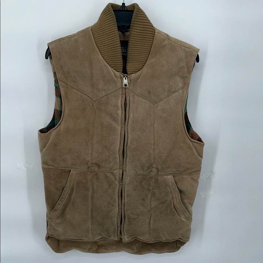 Polo Ralph Lauren Mens Suede Leather Vest Plaid Lined Puffer Down/Feather Fill S - Picture 1 of 10
